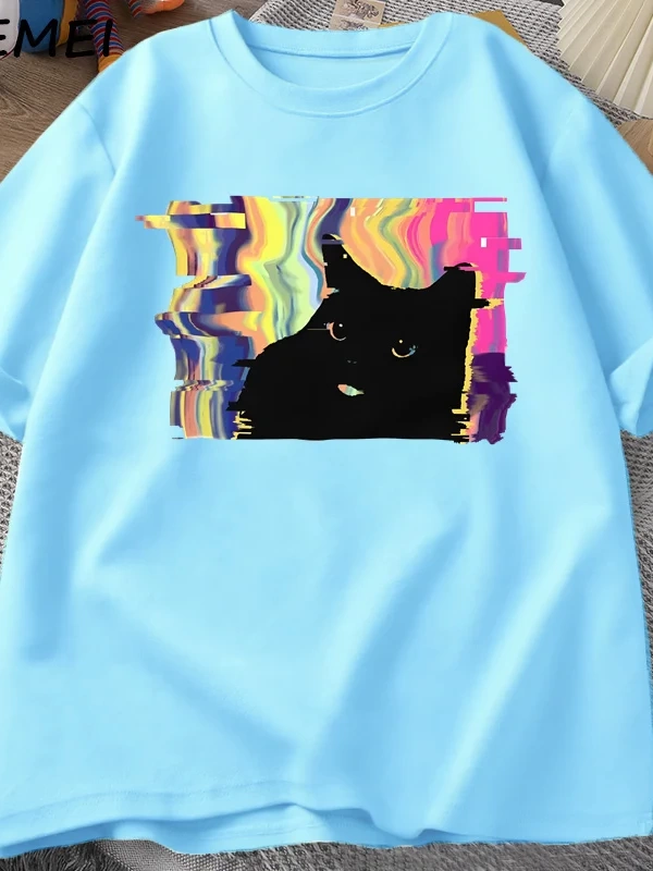 Psychedelic Kedi T Shirt Erkekler Kadınlar için Vaporwave Estetik T-shirt Harajuku Punk Tshir 3015