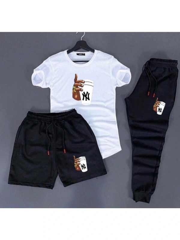 PUNIX Yüzüklü Bardak Tutan El Baskılı Kısa Kollu Yazlık Erkek 3 Lü Eşofman Takımı PSTYZL10000