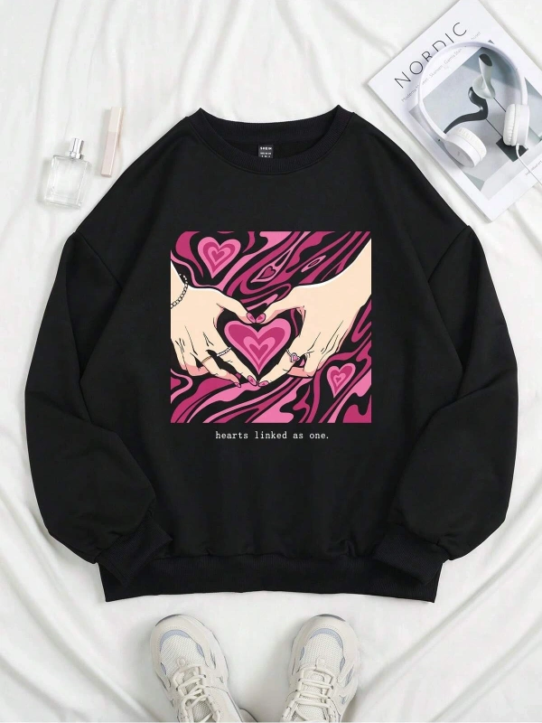 Qutie Kalpli ve Sloganlı Grafik Düşük Omuzlu Siyah