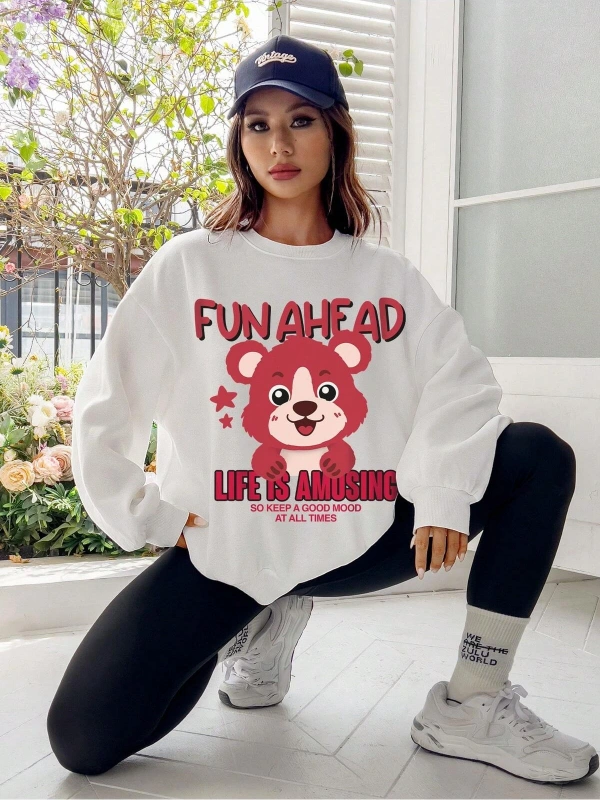 Qutie Slogan & Cartoon Graphic Drop Shoulder Sweatshirt Beyaz