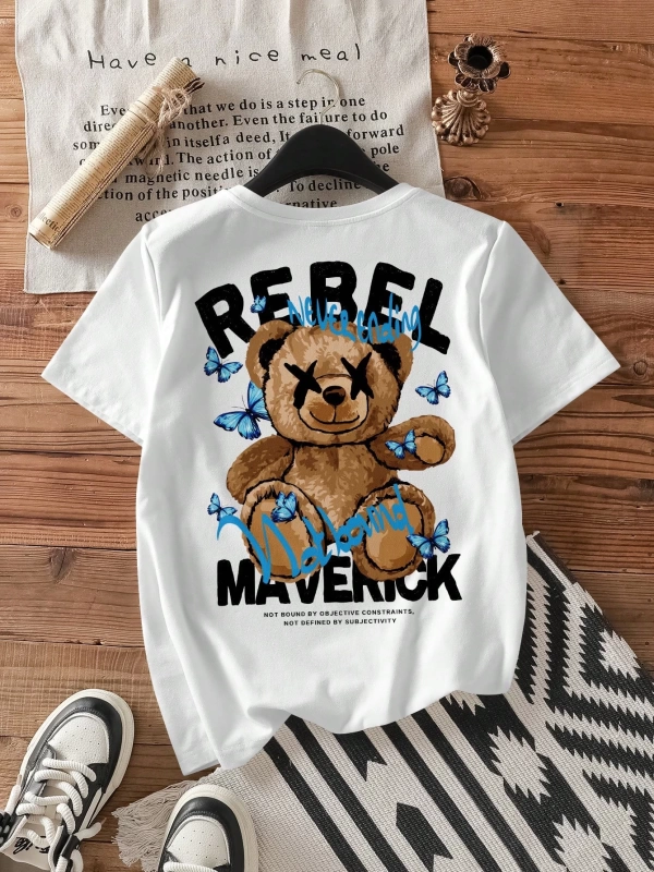 Rahat Minimalist Karikatür Ayı Desenli Bol Kesim Mürettebat Yaka Kısa Kollu Kadın Ti