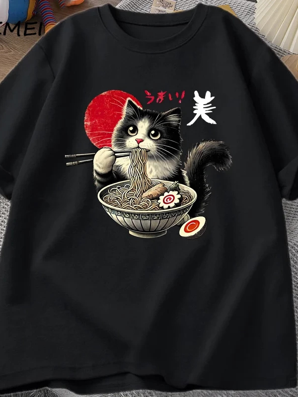 Ramen Kedi T-Shirt Erkek Kadın Japon Foodie Tee Komik Kedi Şehriye T-Shirt Komik Kitty Ramen  3010