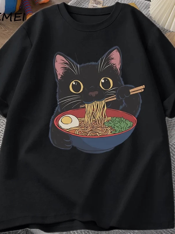 Ramen Kedi Tshirt Japon Tarzı Kedi Sevgilisi T-Shirt Kawaii Karikatür Pamuk Kısa Kollu T Shir 2863