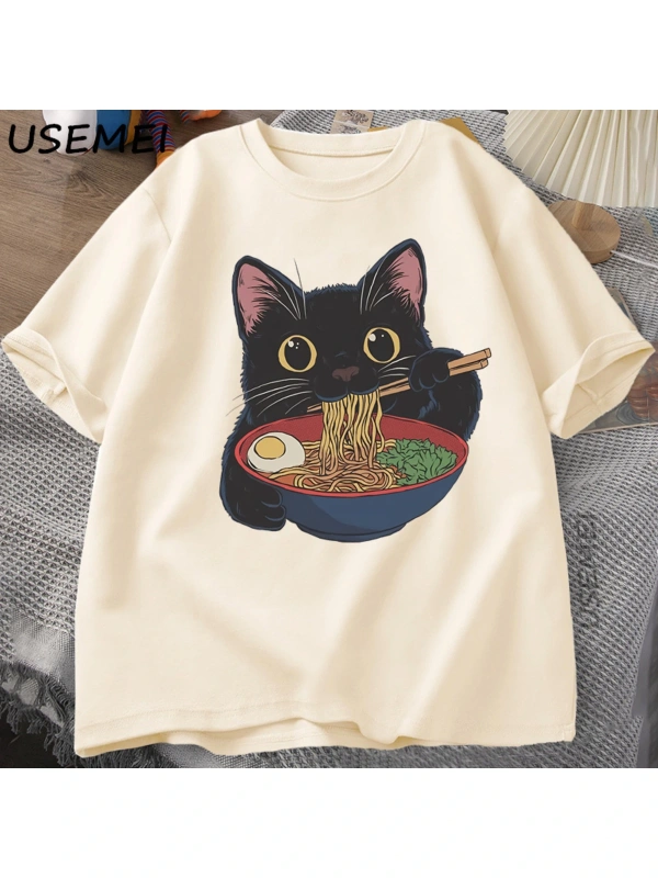 Ramen Kedi Tshirt Japon Tarzı Kedi Sevgilisi T-Shirt Kawaii Karikatür Pamuk Kısa Kollu T Shir 2863