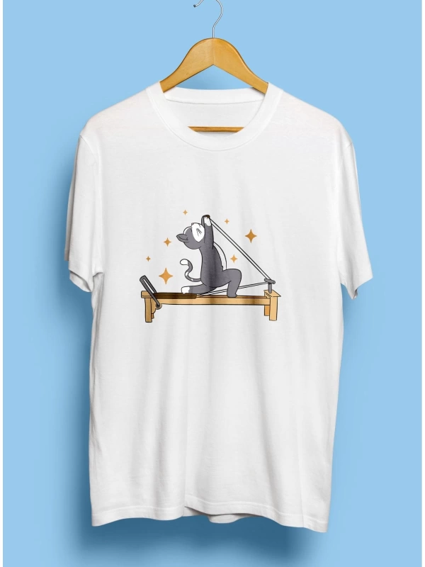 Reformer Pilates Spor Sporcu Çalışkan Kedi Tasarım Baskılı Unisex Tişört