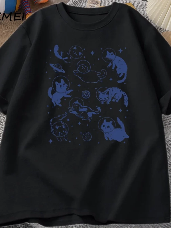 Retro Kediler Uzayda 90s Grafik T Shirt Vintage Astronot Kediler T-Shirt Komik Yavru Kedi Tsh 2864