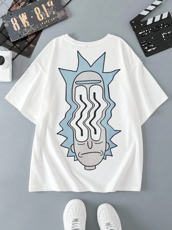 Rick and Morty X SHEIN Erkek Günlük Karikatür Karakter Baskılı Örme Kısa Kollu Beyaz Tişört,