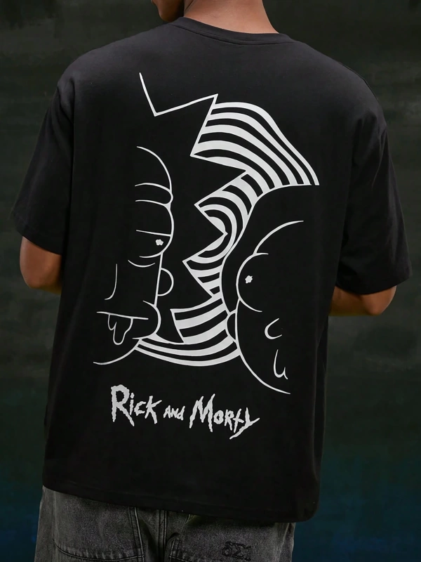 Rick and Morty X SHEIN Erkek Rahat Bol Örgü Figür Grafik Siyah Kısa Kollu Tişört