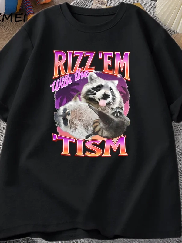 Rizz Em Tism ile Retro tişört adam komik rakun grafik T-Shirt Unisex Opossum T Shirt kadın er 2992