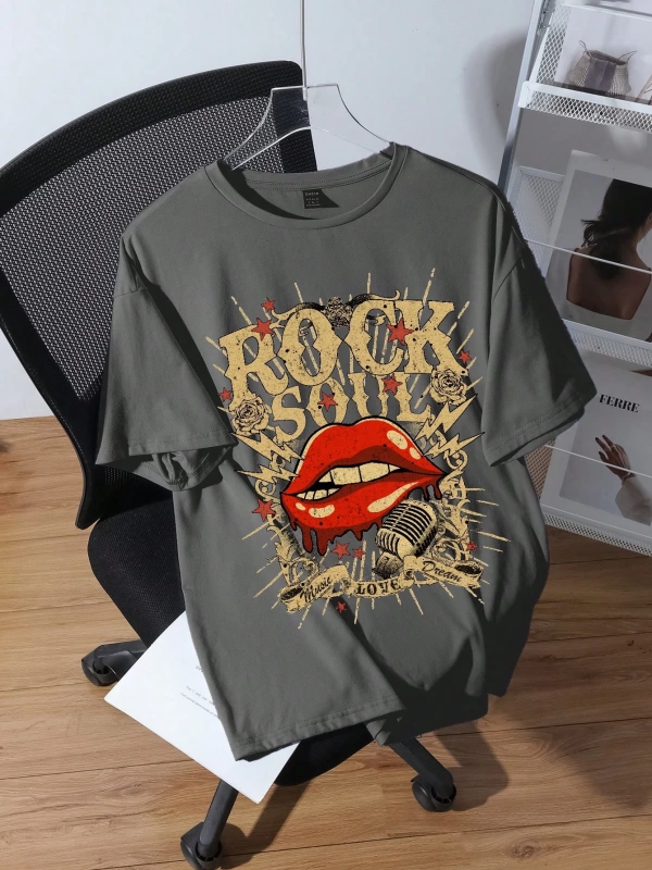 Rock Soul Vintage Stil Büyük Beden Bol Tişört, Lightning & Lip Grafik, Yuvarlak Yaka