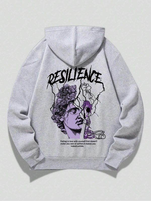 ROMWE Guys Figure & Slogan Graphic Drawstring Lined Hoodie Gri