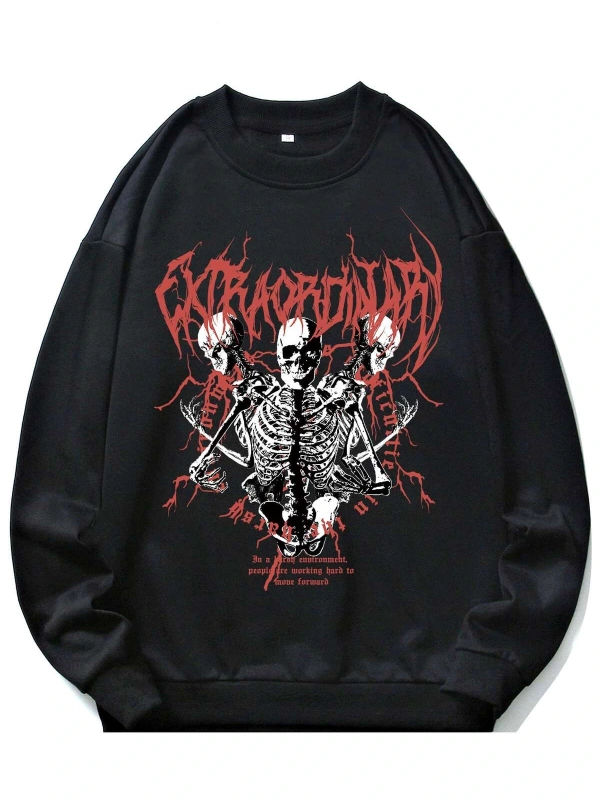 ROMWE Guys Letter Skull Graphic Sweatshirt Siyah