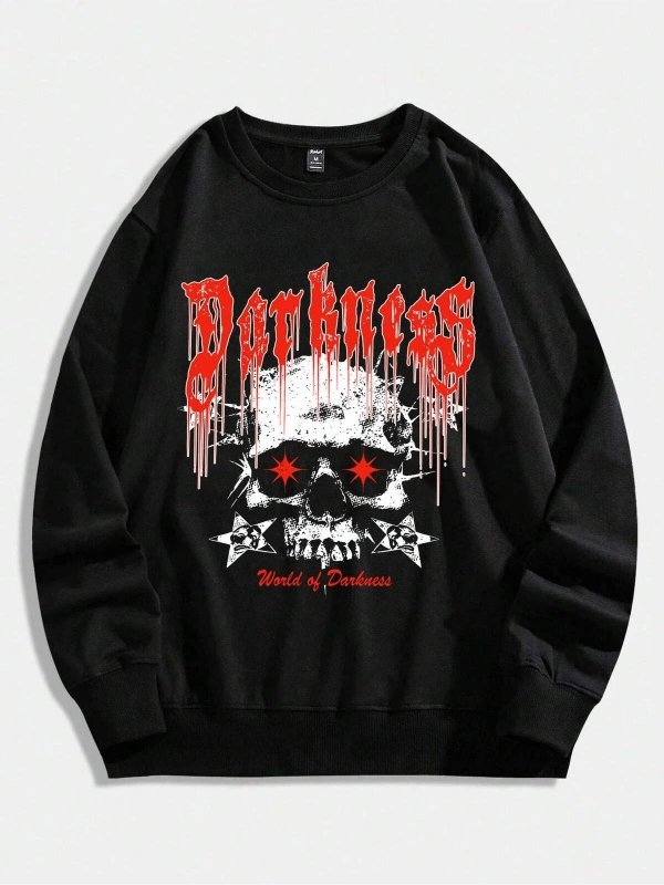 ROMWE Guys Letter & Skull Print Pullover Siyah