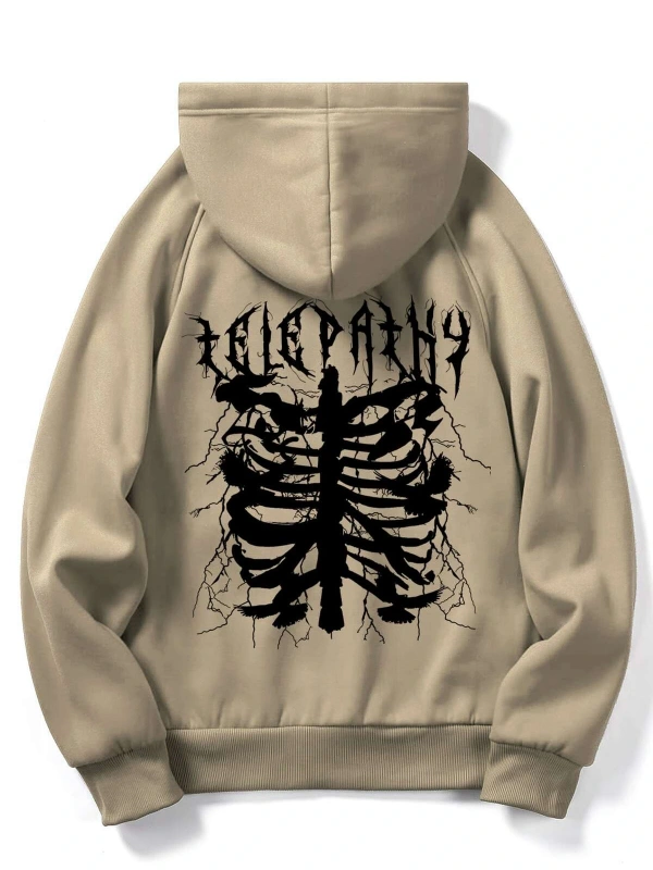 ROMWE Guys Skeleton Print Kangaroo Pocket Drawstring Hoodie Haki