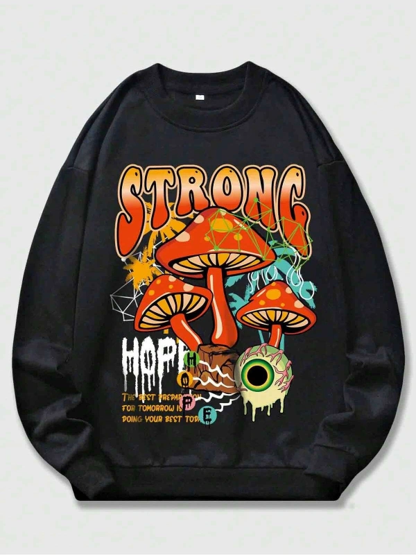 ROMWE Street Life Guys Mushroom And Slogan Graphic Sweatshirt Siyah