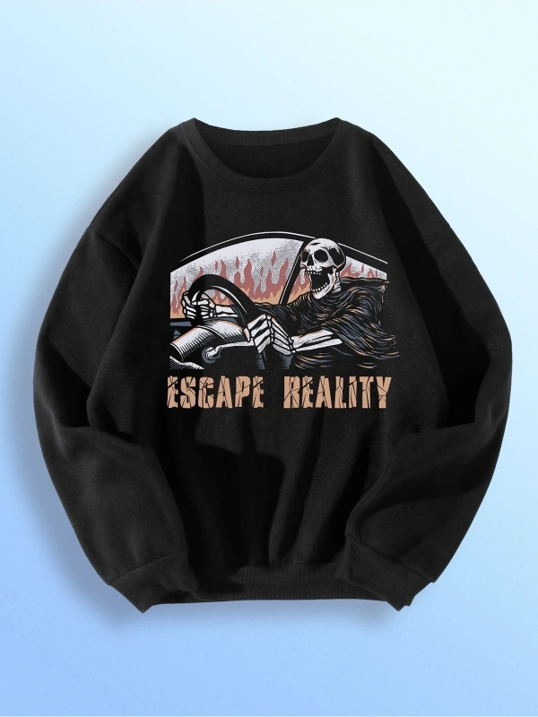 ROMWE X doppaintid Grunge Punk Letter Skull Graphic Sweatshirt Siyah