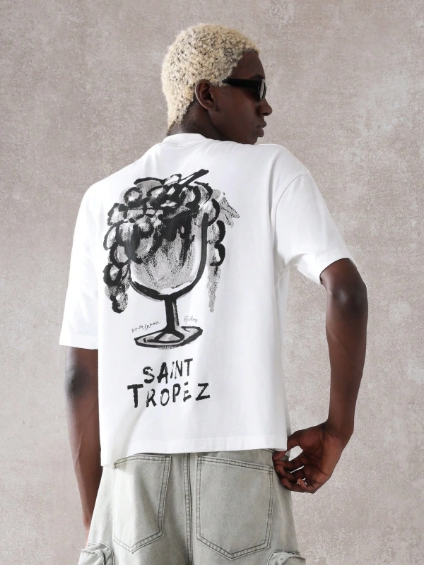 Saint Tropez Grafik Tişört Büyük Boy Rahat Fransız Rivierası Şarap Bardağı Baskılı Yaz