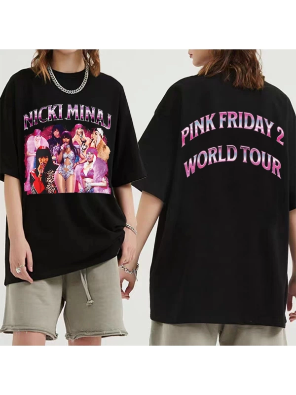 Şarkıcı Nicki Minaj Pembe Cuma 2 Dünya Turu Grafik T Shirt Erkek Kadın vintage Hip Hop Kısa K
