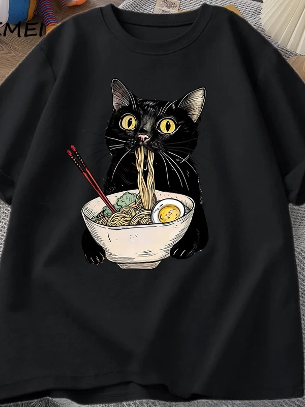 Şehriye Ramen Kedi T-Shirt Foodie Lover T Shirt Siyah Kedi Şehriye T-Shirt Retro Rahat Kısa K 2809