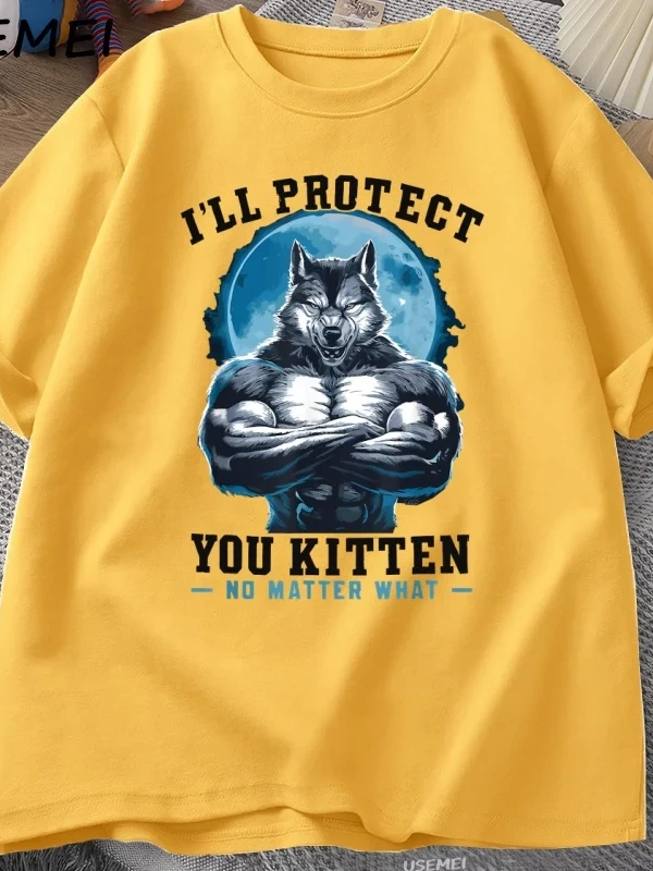 Seni koruyeceğim yavru kedi olursa olsun t-shirt erkekler komik kurt T Shirt yaz Tees Tops pa 3064