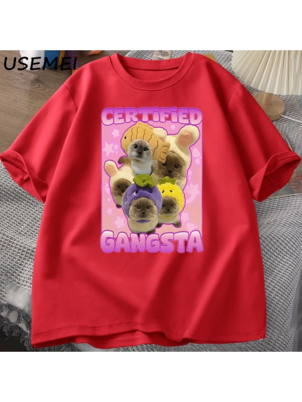 Sertifikalı Gangsta komik kedi Meme T-shirt Goofy Tee Tee aptal kediler Tshirt boy erk