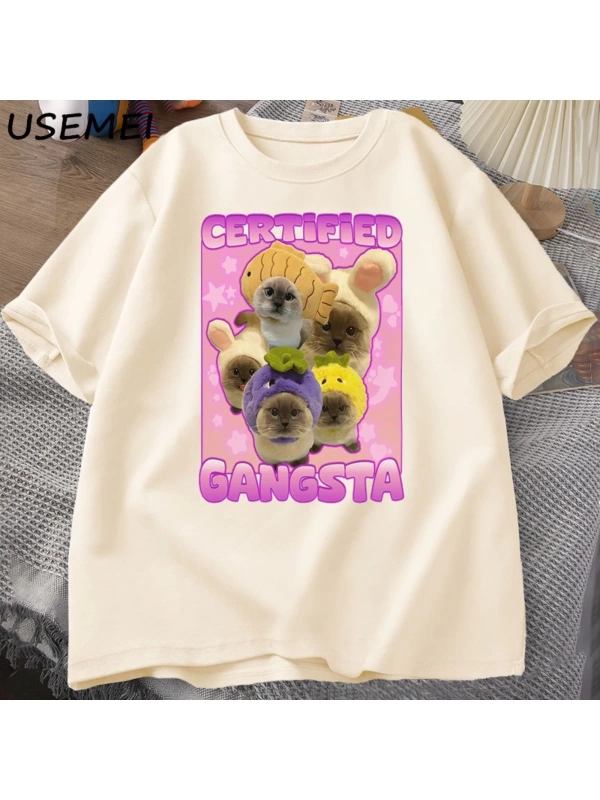 Sertifikalı Gangsta komik kedi Meme T-shirt Goofy Tee Tee aptal kediler Tshirt boy erk