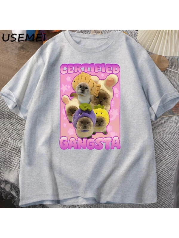Sertifikalı Gangsta komik kedi Meme T-shirt Goofy Tee Tee aptal kediler Tshirt boy erk