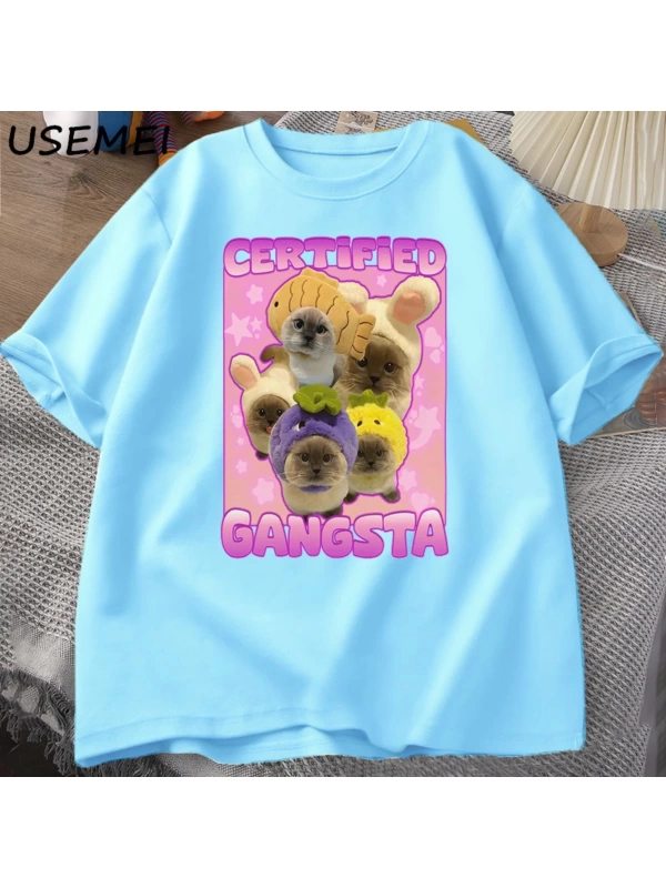 Sertifikalı Gangsta komik kedi Meme T-shirt Goofy Tee Tee aptal kediler Tshirt boy erk