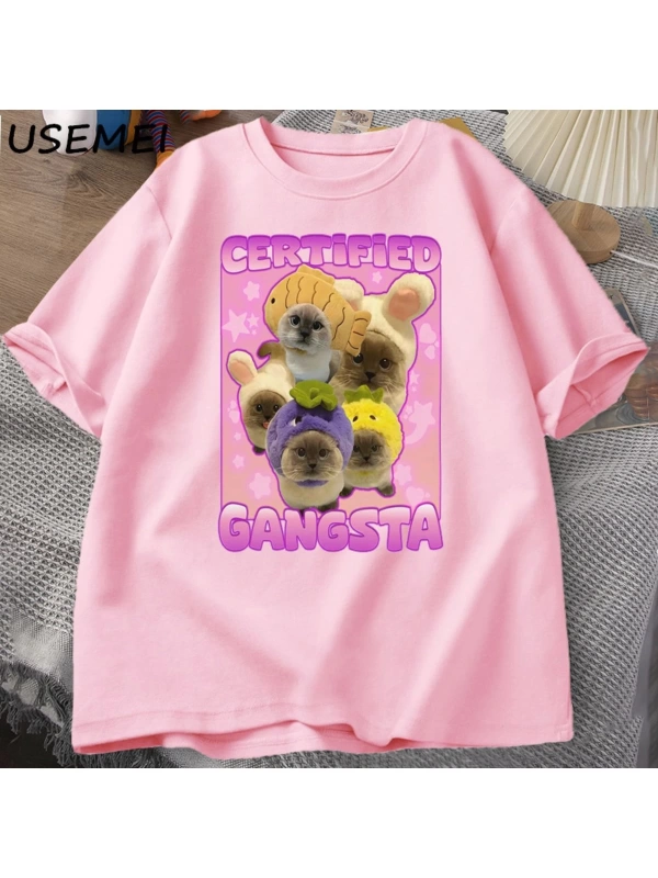 Sertifikalı Gangsta komik kedi Meme T-shirt Goofy Tee Tee aptal kediler Tshirt boy erk