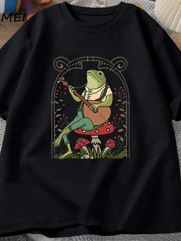 Sevimli Cottagecore kurbağa oynayan Banjo T Shirt erkek kadın pamuk komik mantar core core T  2844