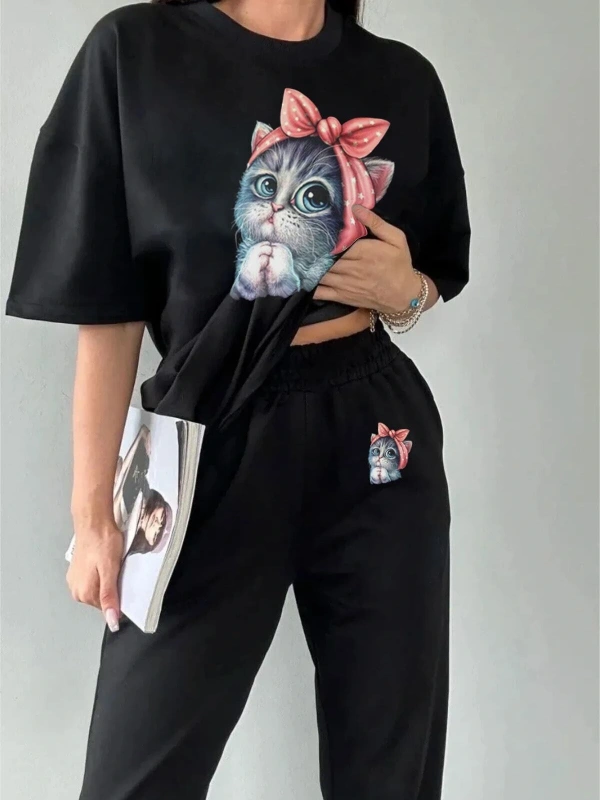 Sevimli Minik Kedi Eşofman Altı Ve T-shirt - Jogger Tişört Alt Üst Eşofman Takımı B