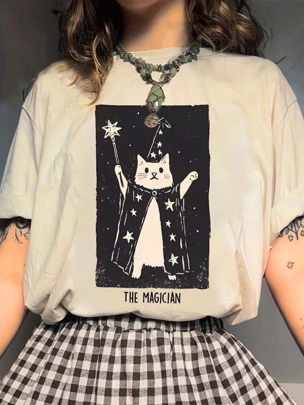 SHEIN MOOSTA 1 parça WhimsyCat Polyester Günlük Tişört, Yuvarlak Yaka Alfabe Desenli, Normal