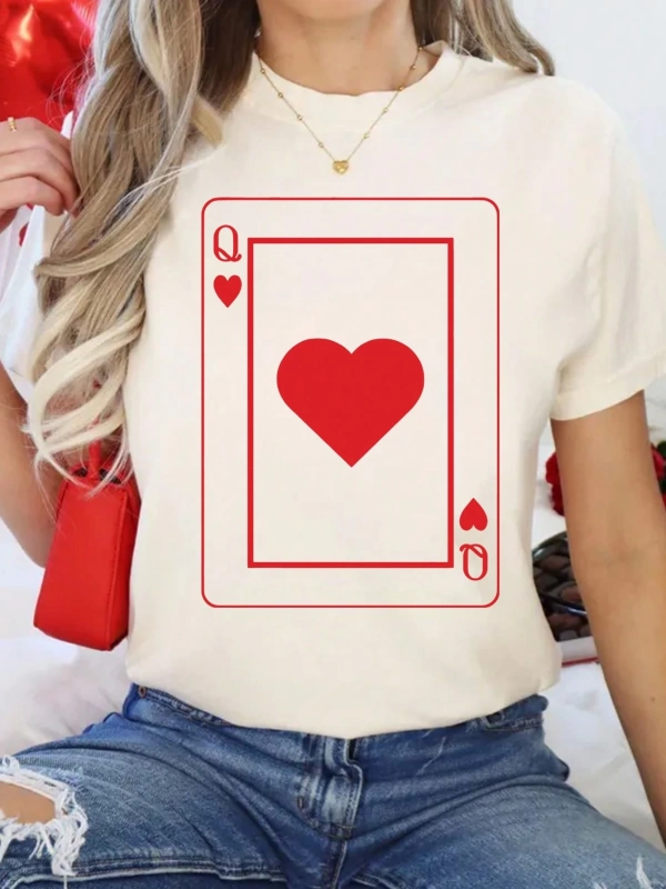 SHEIN MOOSTA Sevgililer Günü Kırmızı Kalp Baskılı Kısa Kollu Günlük Tişört