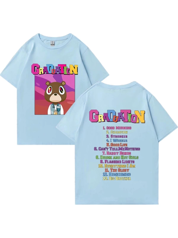 Sıcak Kanye West Mezuniyet Grafik T Shirt Erkek Kadın Moda klasik Üstleri Büyük Boy Tee kısa
