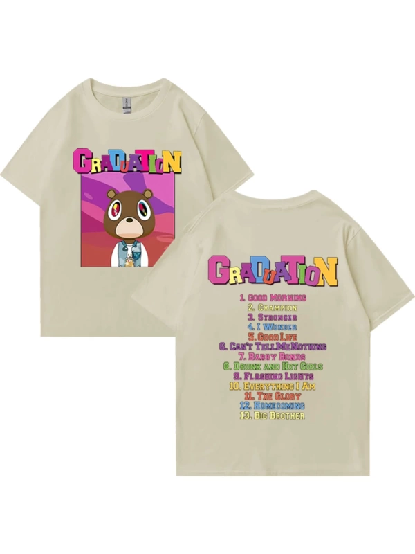 Sıcak Kanye West Mezuniyet Grafik T Shirt Erkek Kadın Moda klasik Üstleri Büyük Boy Tee kısa