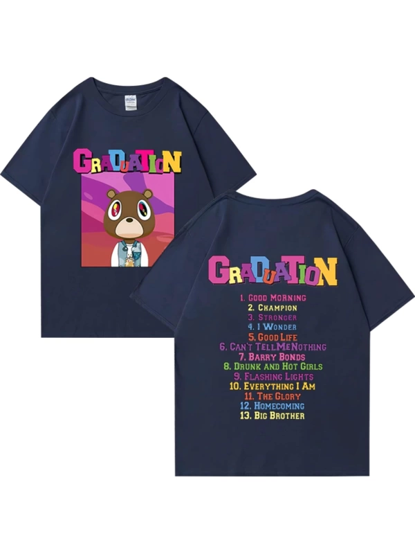 Sıcak Kanye West Mezuniyet Grafik T Shirt Erkek Kadın Moda klasik Üstleri Büyük Boy Tee kısa