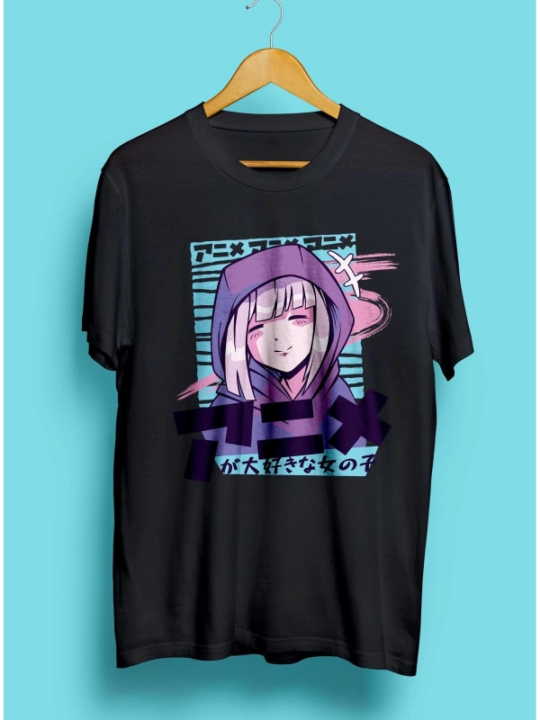 Şirin Anime Kız Manga Japon Çizim Tasarım Baskılı Unisex Tişört