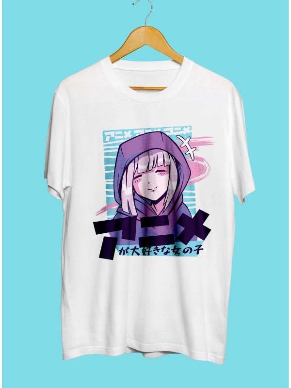 Şirin Anime Kız Manga Japon Çizim Tasarım Baskılı Unisex Tişört