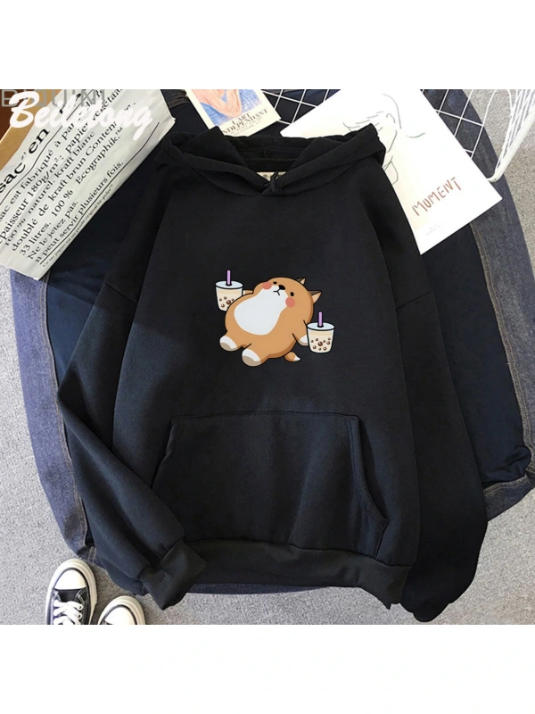 Siyah Boba Çay Hoodie Sevimli KöpekBüyük Boy Karikatür Hoodie Kawaii i K