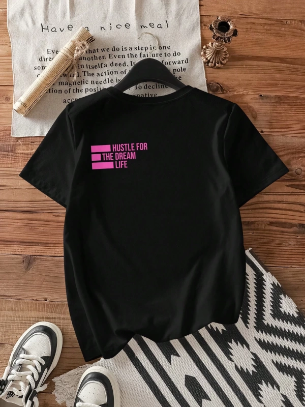 Siyah Büyük Boy Bol Kesim Hustle For The Dream Life Grafik Yuvarlak Yaka Kısa Koll