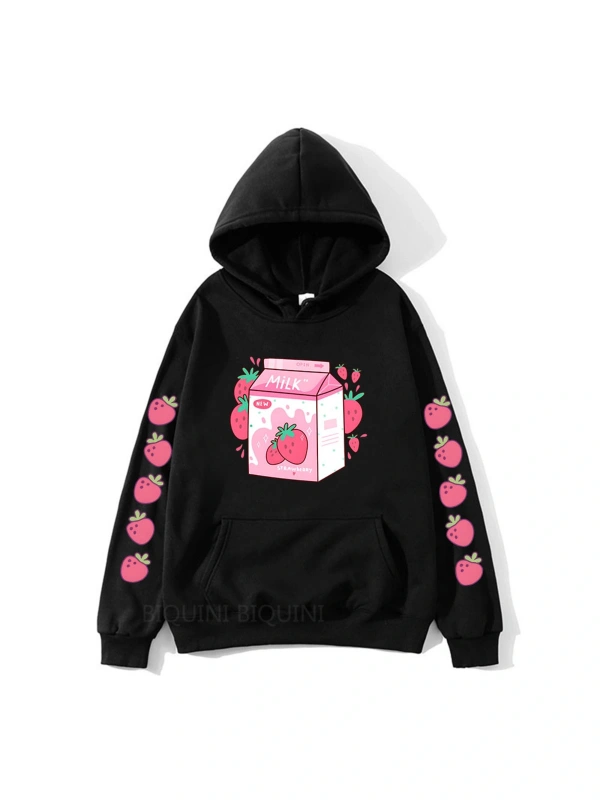 Siyah Çilek süt karikatürHoodies Kawaiiular