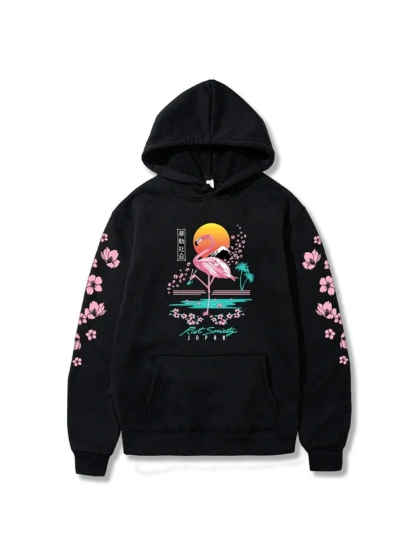 Siyah Grafik Sokak Şıklığı Flamingo Kiraz ÇiçeğiBüyük Boy Hip