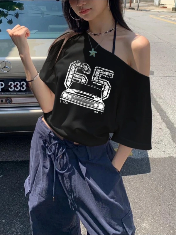 Siyah Kadın Düşük Omuz Kayık Yaka Antika 65 Baskılı