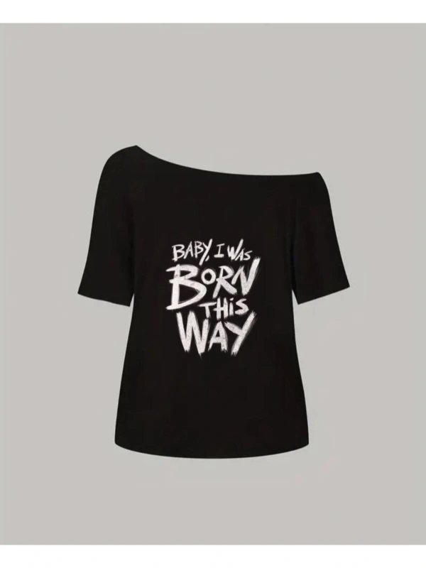 Siyah Kadın Düşük Omuz Kayık Yaka Baby Born Baskılı