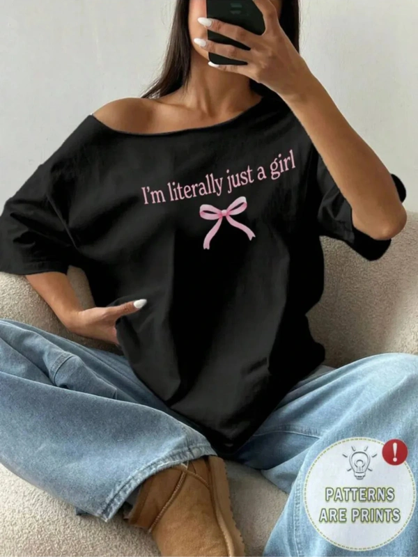 Siyah Kadın Düşük Omuz Kayık Yaka Baskılı