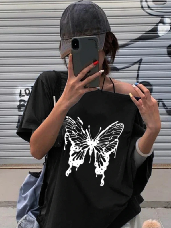 Siyah Kadın Düşük Omuz Kayık Yaka Beyaz Kelebek Baskılı