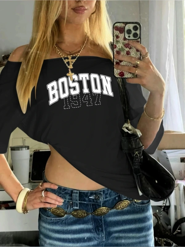 Siyah Kadın Düşük Omuz Kayık Yaka Bostan 1947 Baskılı