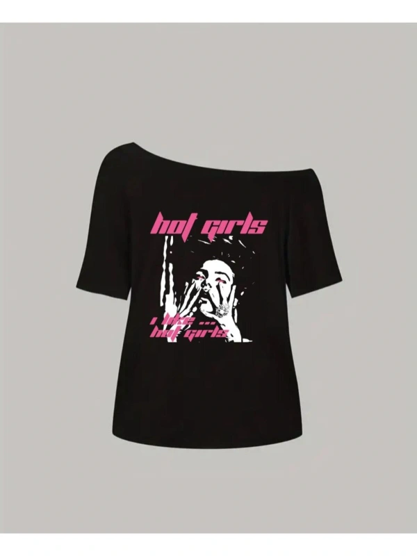 Siyah Kadın Düşük Omuz Kayık Yaka Hot Girls Baskılı