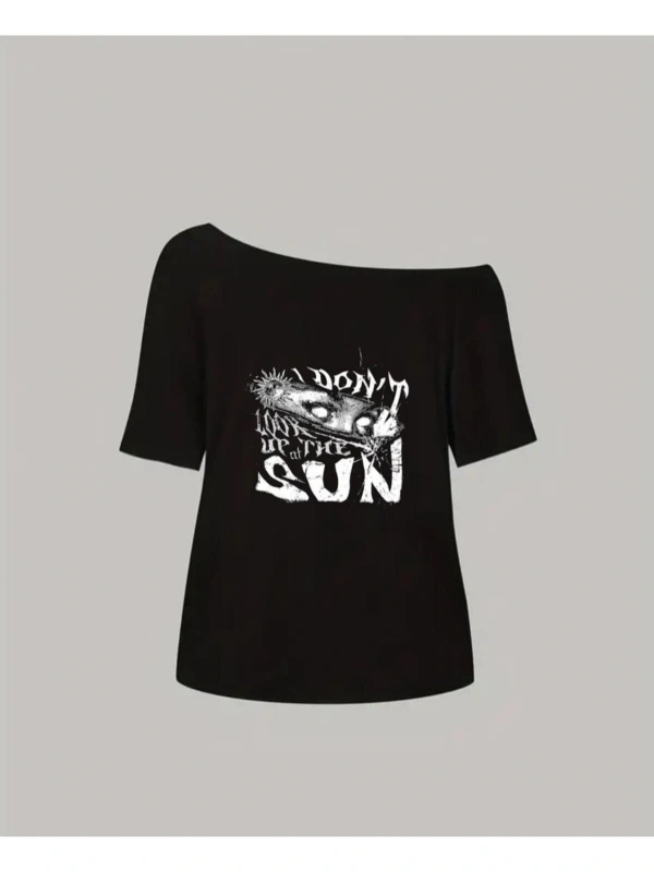 Siyah Kadın Düşük Omuz Kayık Yaka I Dont Sun Baskılı