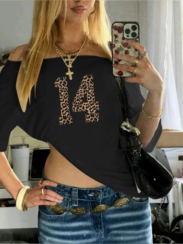 Siyah Kadın Düşük Omuz Kayık Yaka Leopar 14 Baskılı